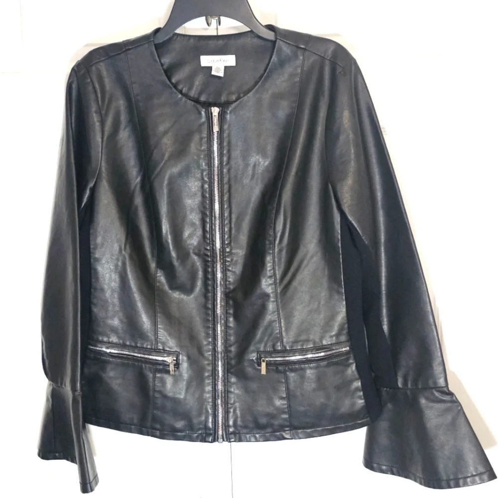 Calvin Klein Large Womens Faux Leather Jacket Bell Sleeve‎ Moto Business Black
